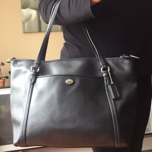 Coach black leather large zippered tote